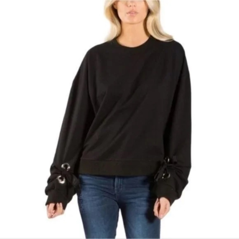 NWOT Elan Black Crewneck Tie Sleeve Grommet Sweatshirt Women's Size Medium